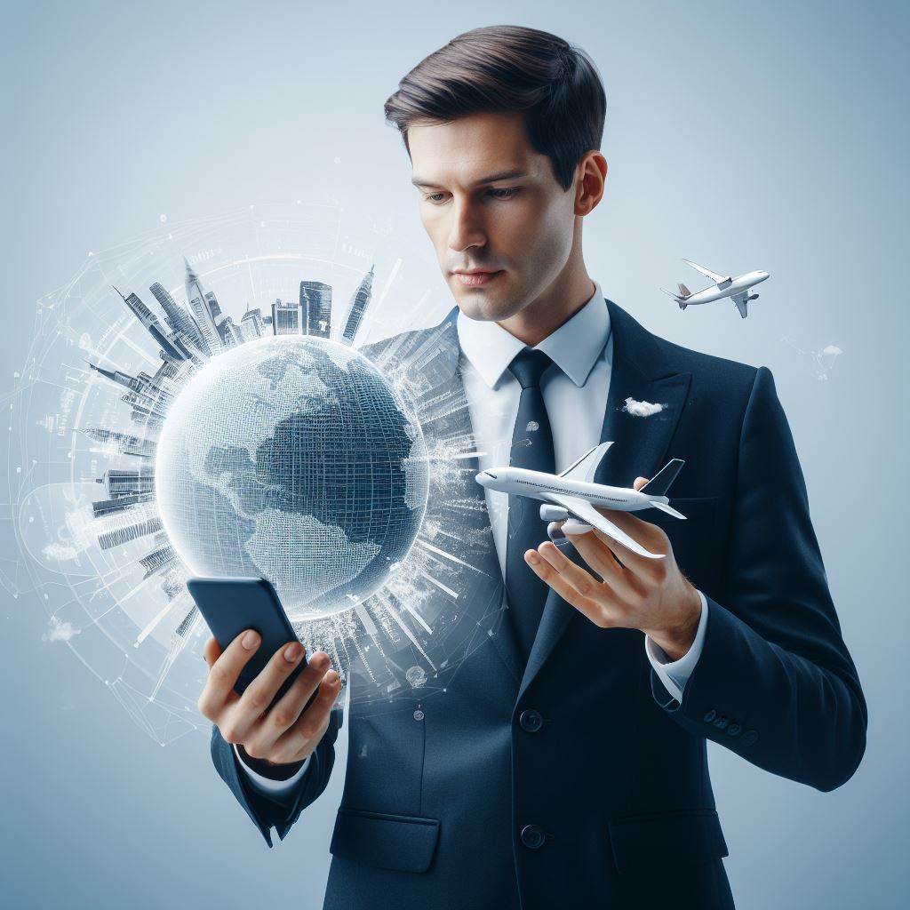 Imagem de um homem de negócios em um aeroporto, segurando um avião de brinquedo e um celular, simbolizando uma viagem corporativa. Ele está sentado em uma área de espera com uma grande janela ao fundo, mostrando um avião decolando. O fundo é um gradiente azul com um globo e um horizonte da cidade. O globo é um modelo de arame com um contorno branco. O horizonte da cidade é uma silhueta cinza. Há dois aviões voando ao redor do globo